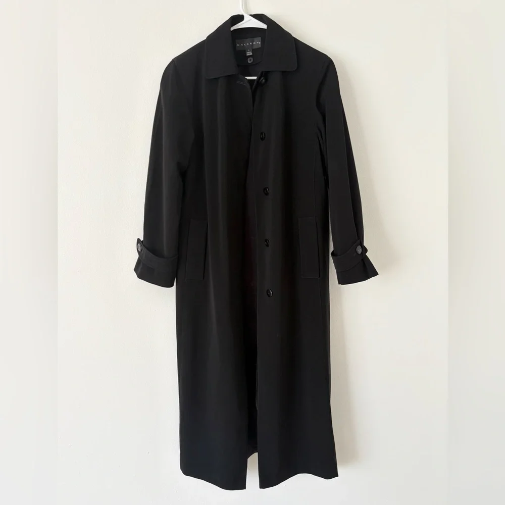 Gallery Vintage Black Long Floor Length Button Down Collared Trench Coat Small - Picture 5 of 11